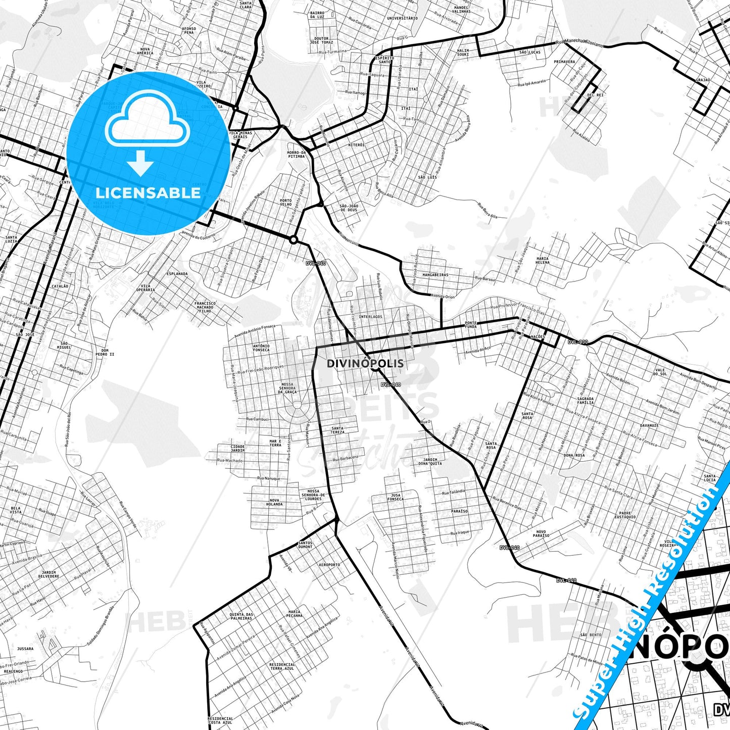 Divinopolis, Brazil Light Map with Street Names, City Names, and Districts