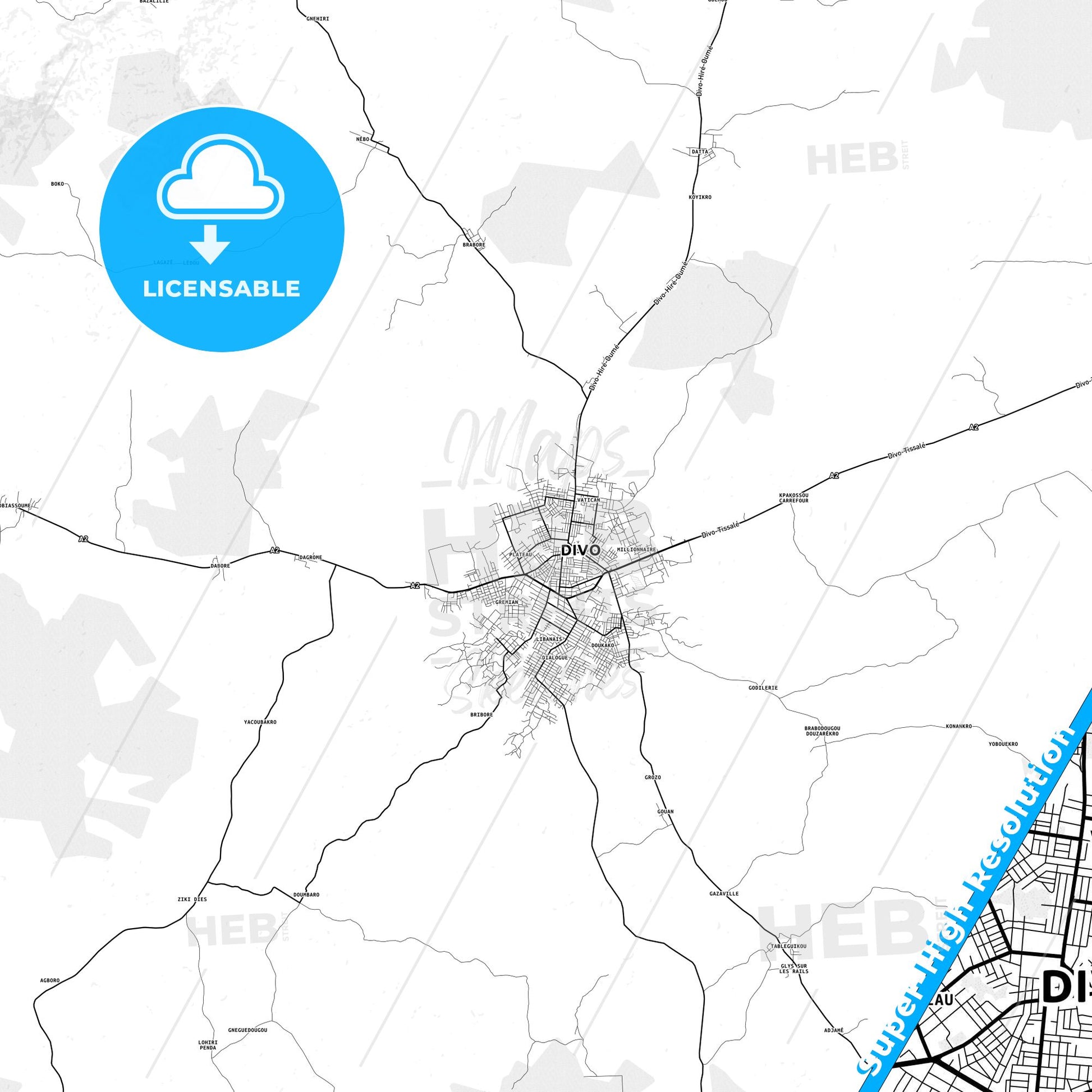 Divo, Ivory Coast light map with streetnames, citynames and districts