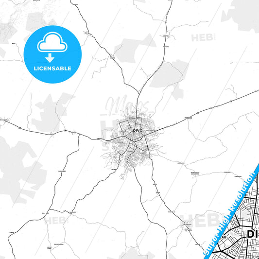 Divo, Ivory Coast light map with streetnames, citynames and districts