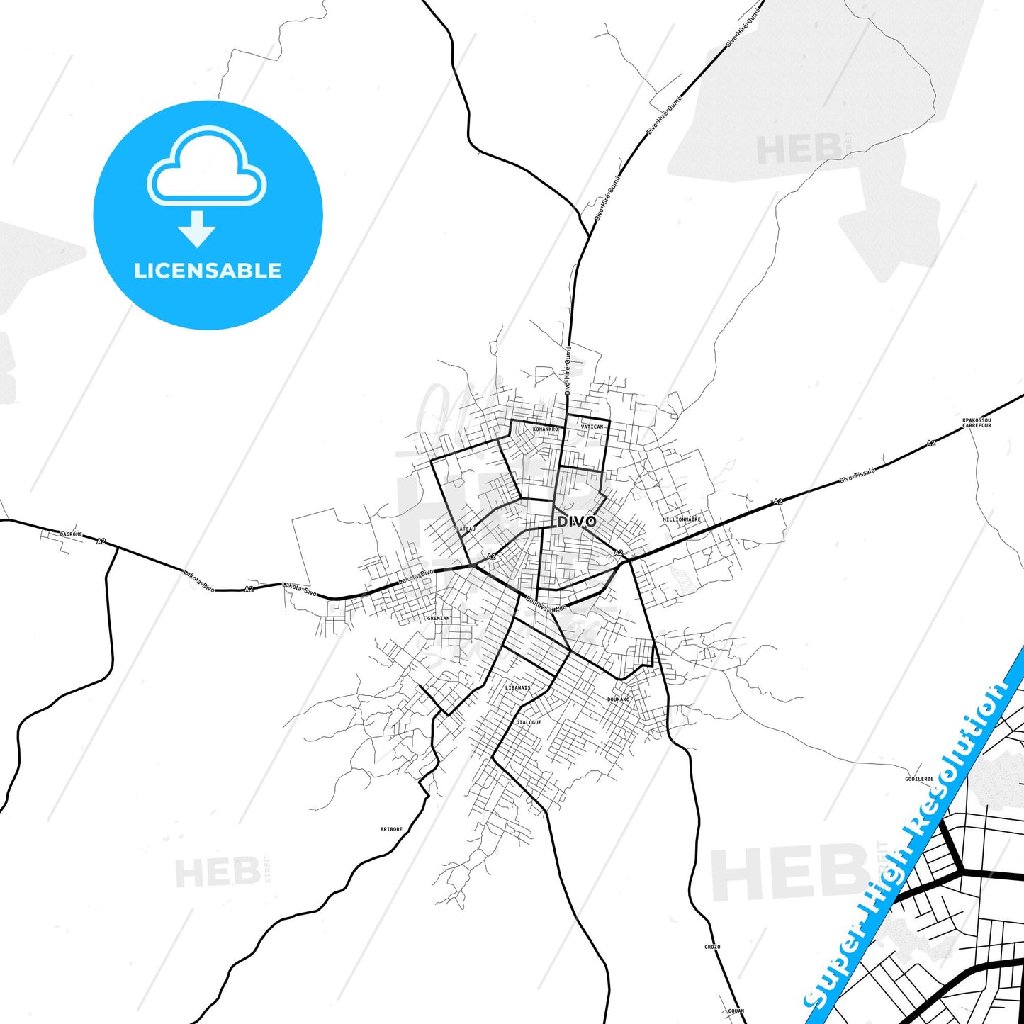 Divo, Ivory Coast Light Map with Street Names, City Names, and Districts