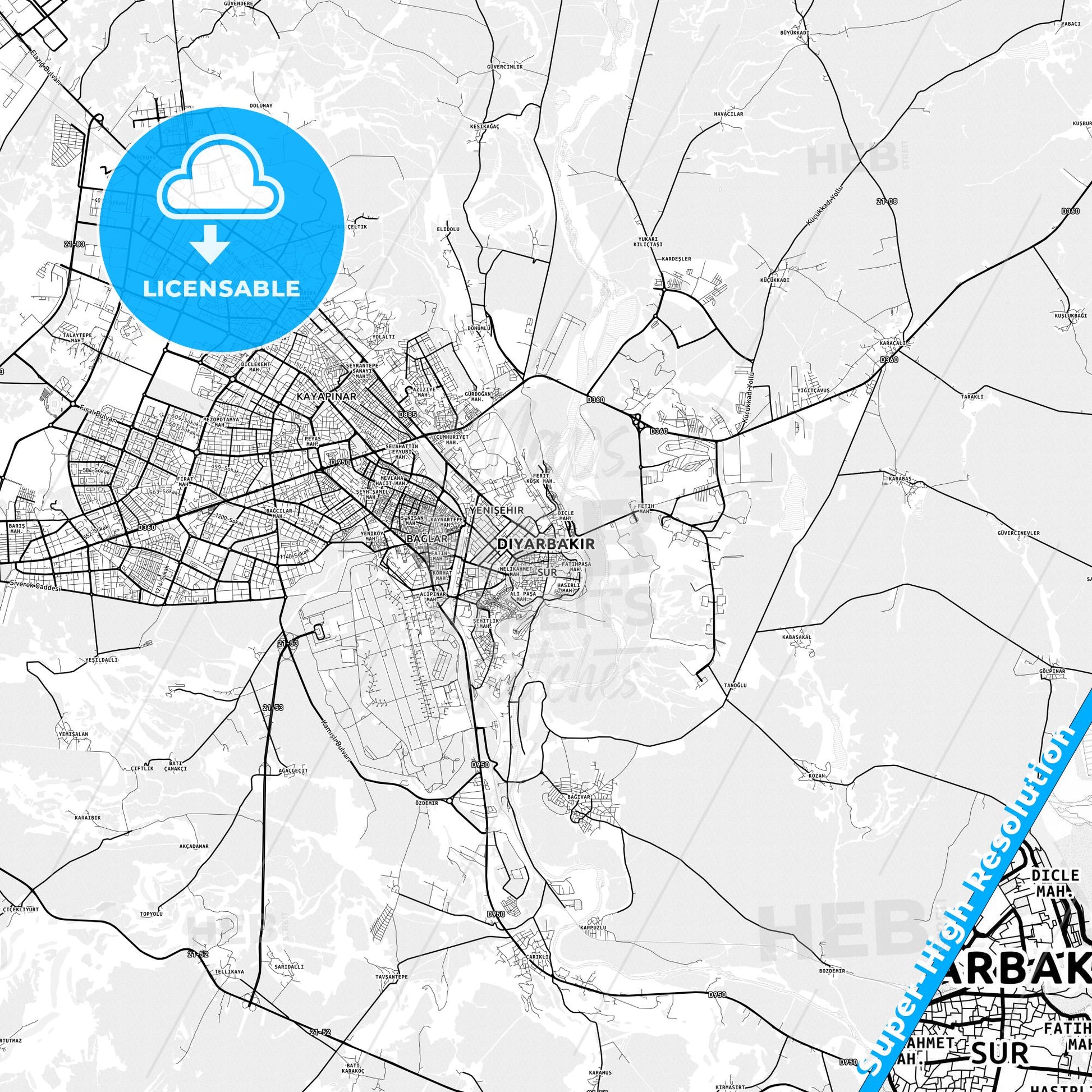 Diyarbakır, Turkey light map with streetnames, citynames and districts