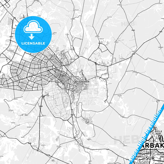 Diyarbakır, Turkey light map with streetnames, citynames and districts
