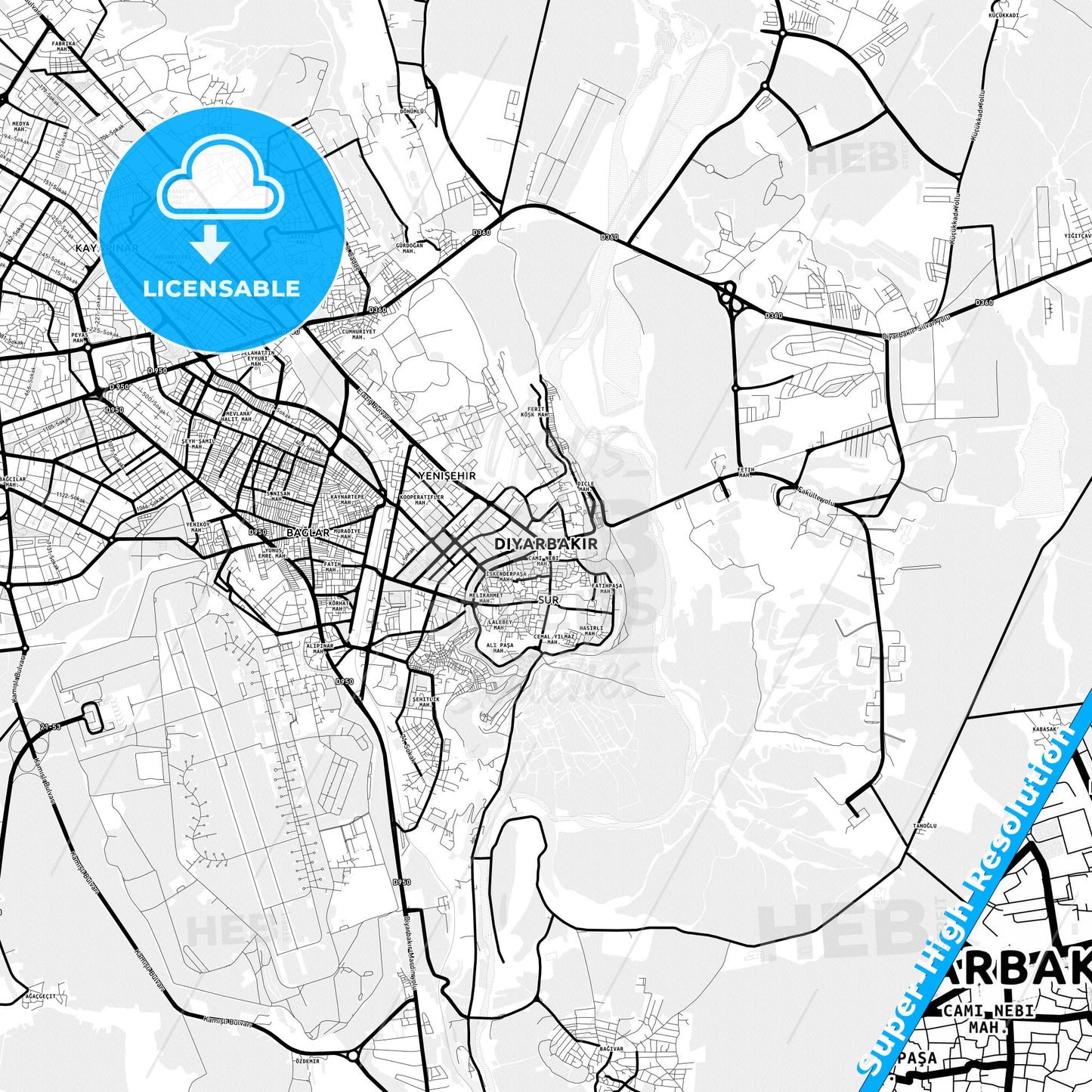 Diyarbakır, Turkey Light Map with Street Names, City Names, and Districts