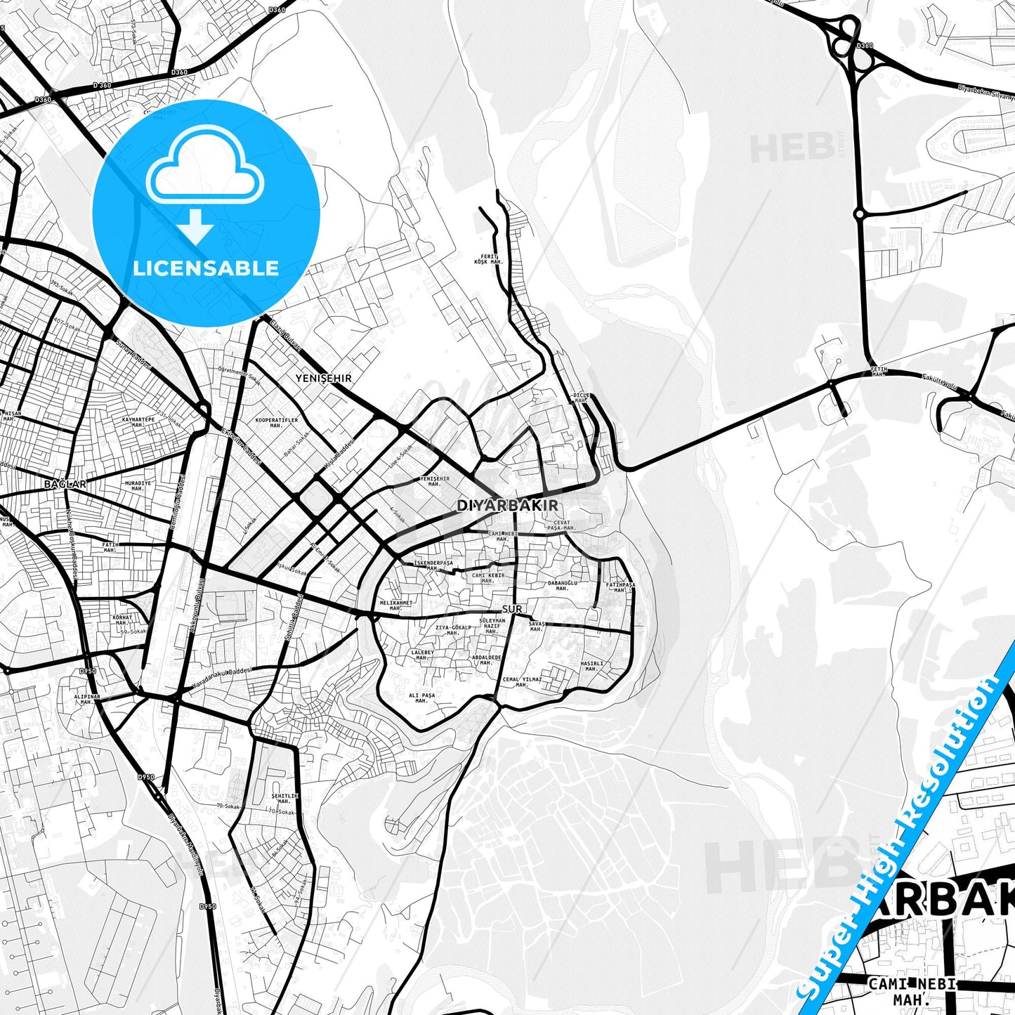 Diyarbakır, Turkey Light Map with Street Names, City Names, and Districts