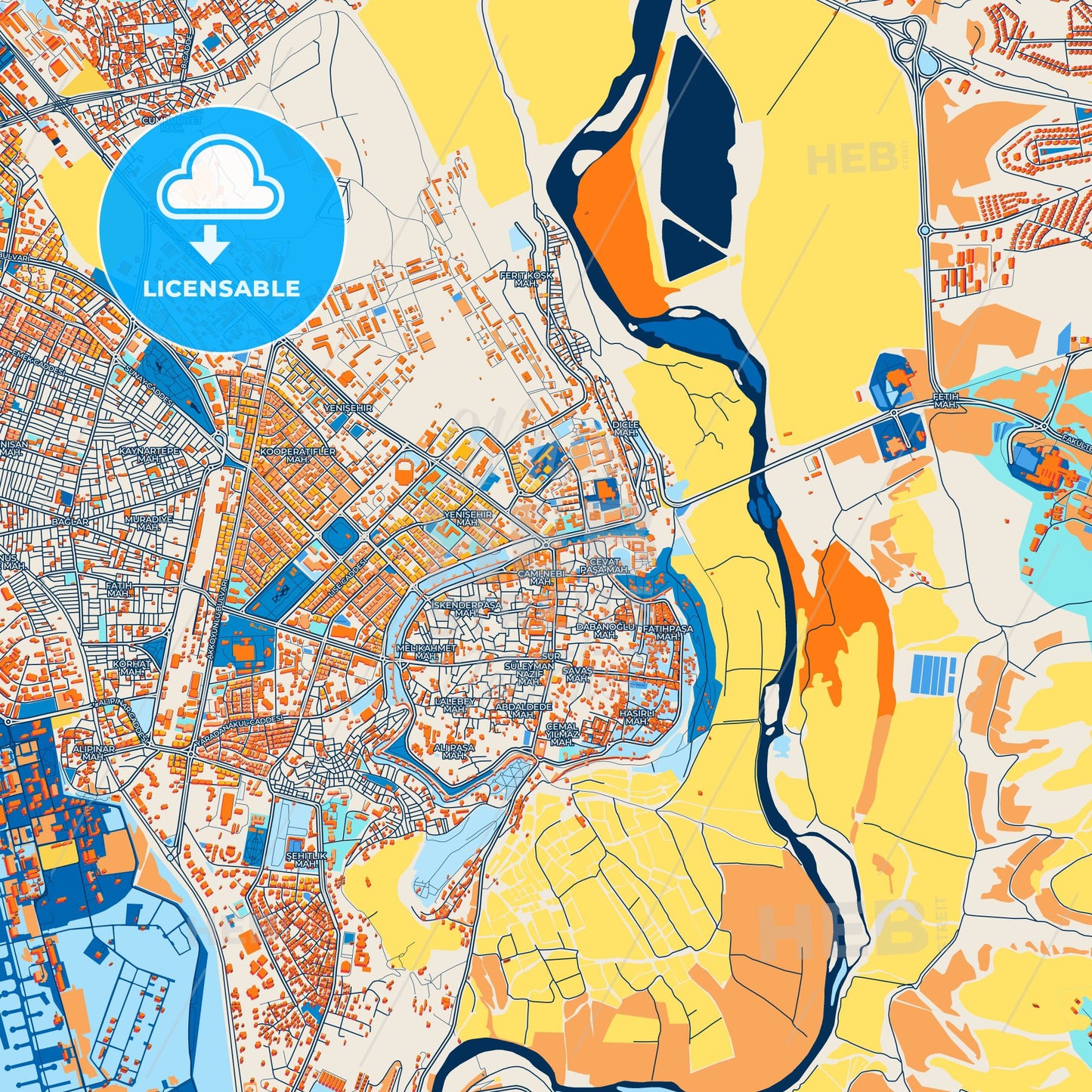 Colorful Diyarbakır Street Map with Labels and Buildings