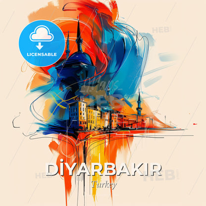 Vibrant Di̇yarbakir, Turkey - A Colorful Painting Of Buildings And A Blue And Orange Background - Square format print template