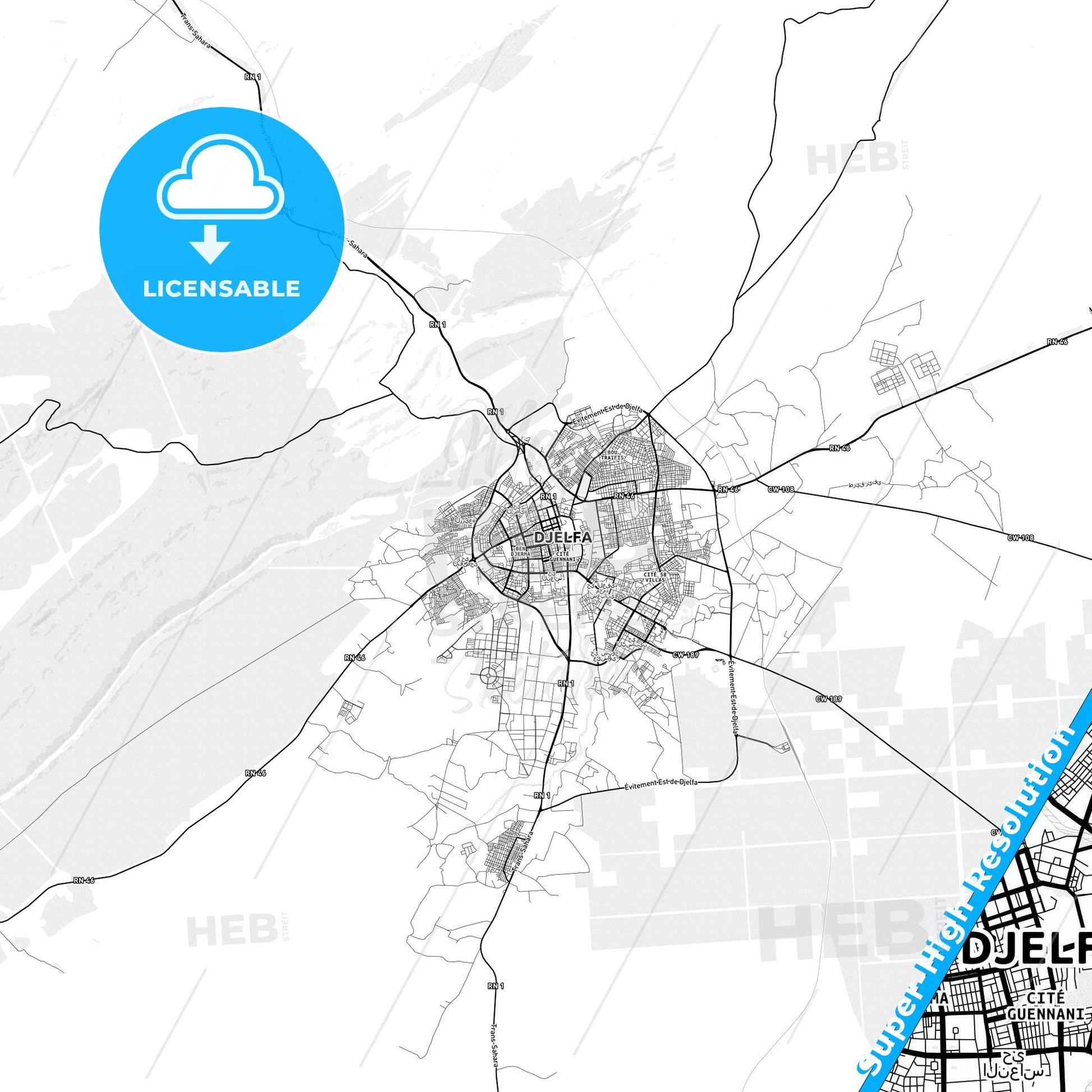 Djelfa, Algeria light map with streetnames, citynames and districts
