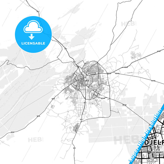 Djelfa, Algeria light map with streetnames, citynames and districts