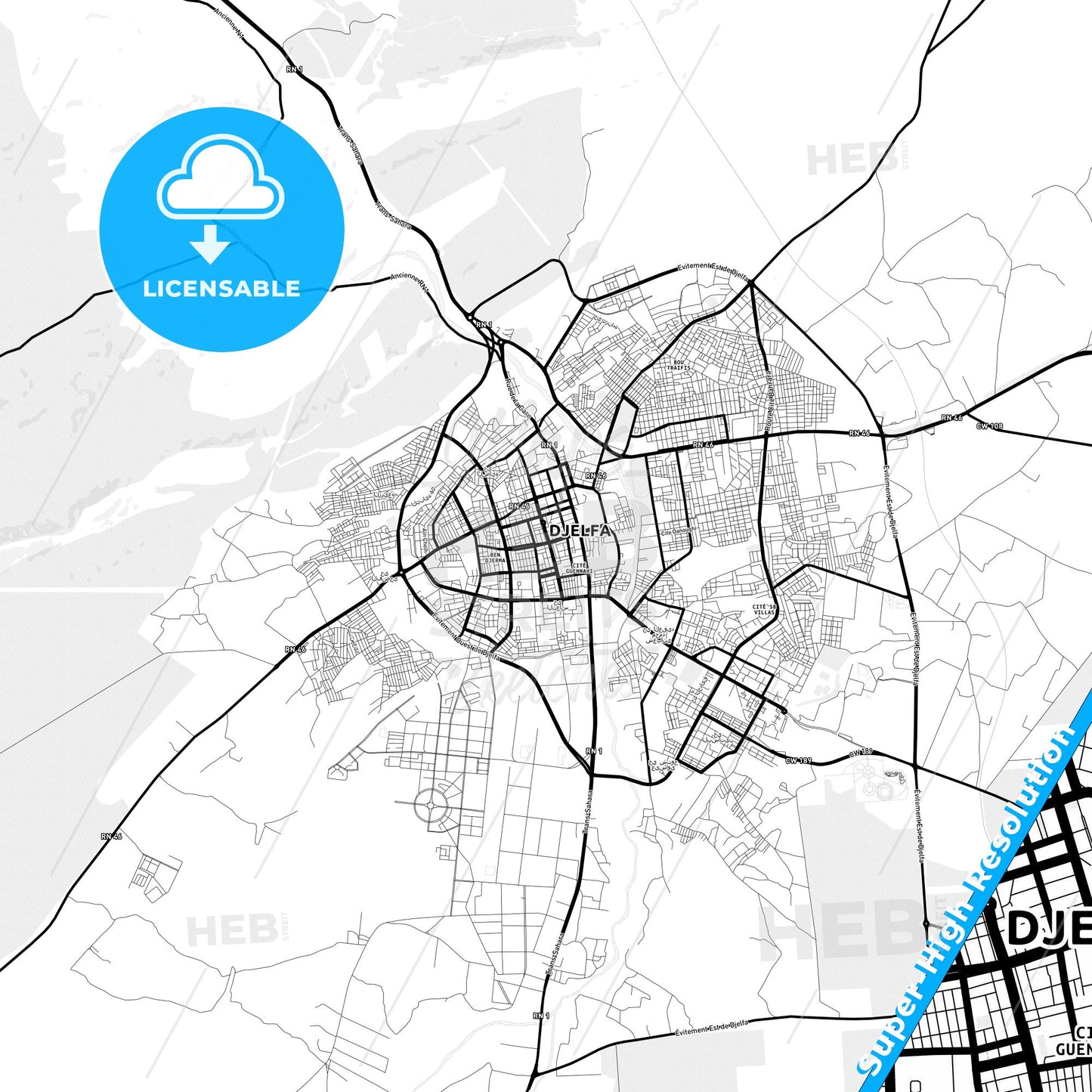 Djelfa, Algeria Light Map with Street Names, City Names, and Districts