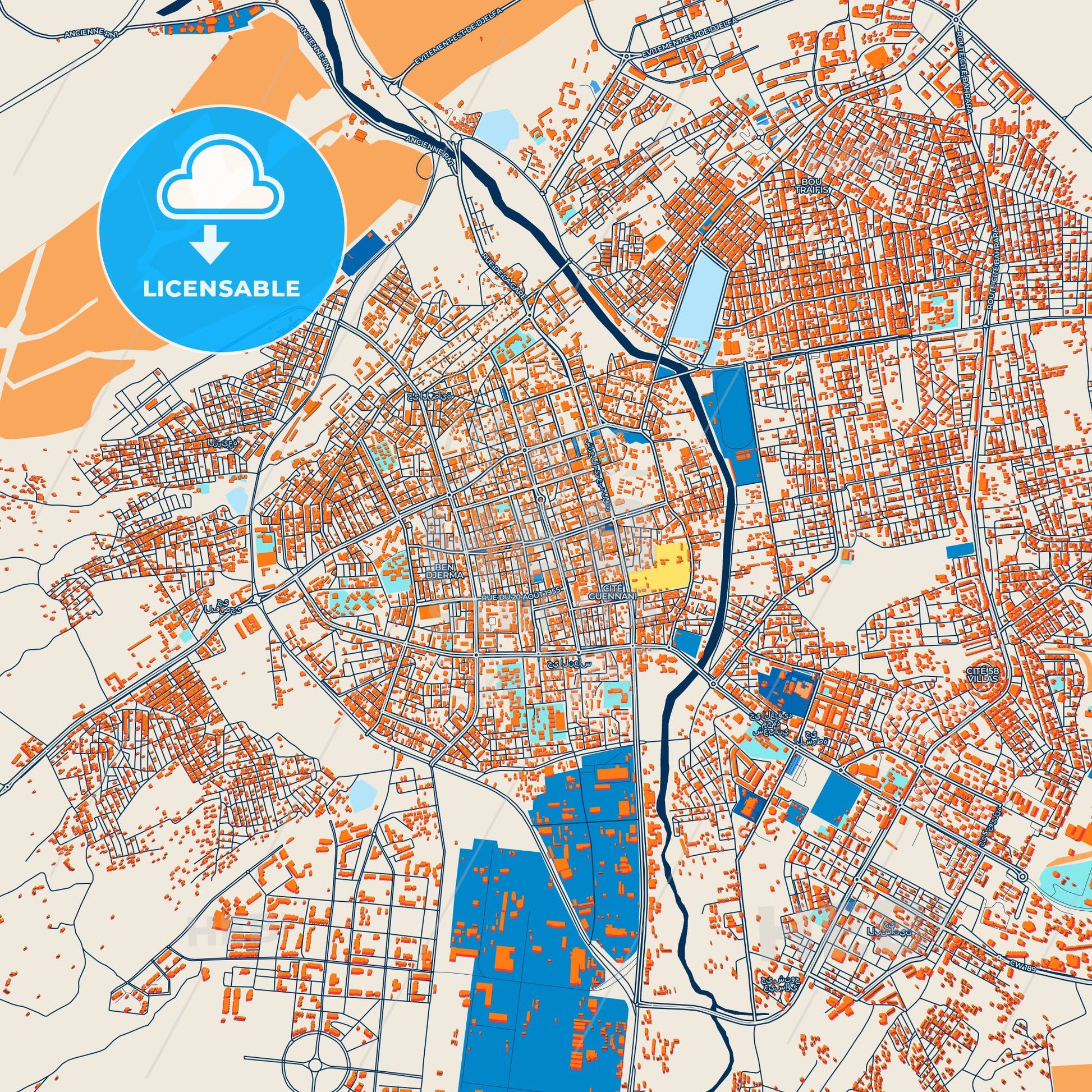 Colorful Djelfa Street Map with Labels and Buildings