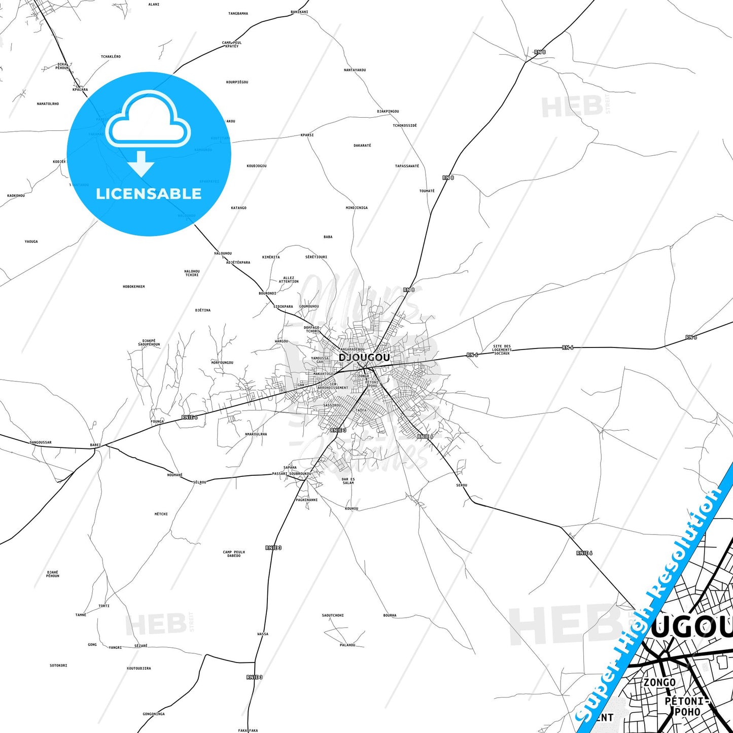 Djougou, Benin light map with streetnames, citynames and districts