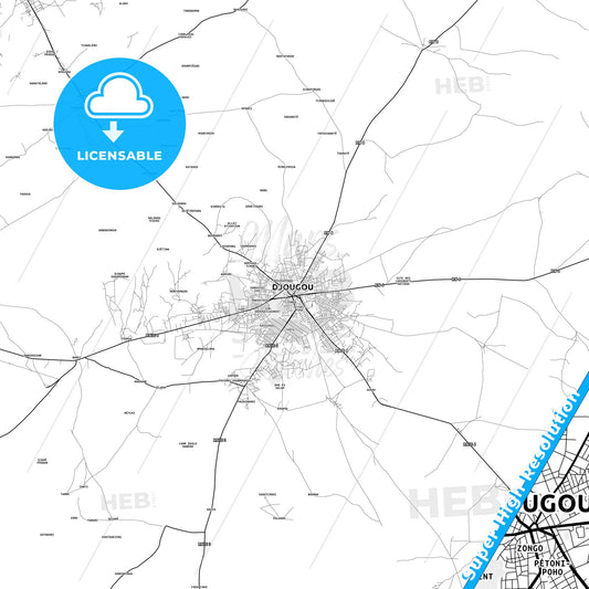 Djougou, Benin light map with streetnames, citynames and districts