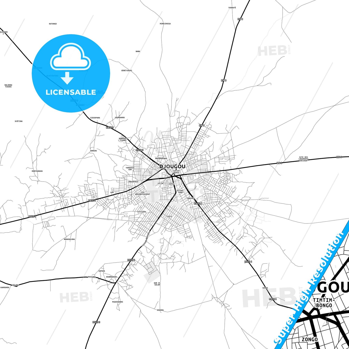 Djougou, Benin Light Map with Street Names, City Names, and Districts