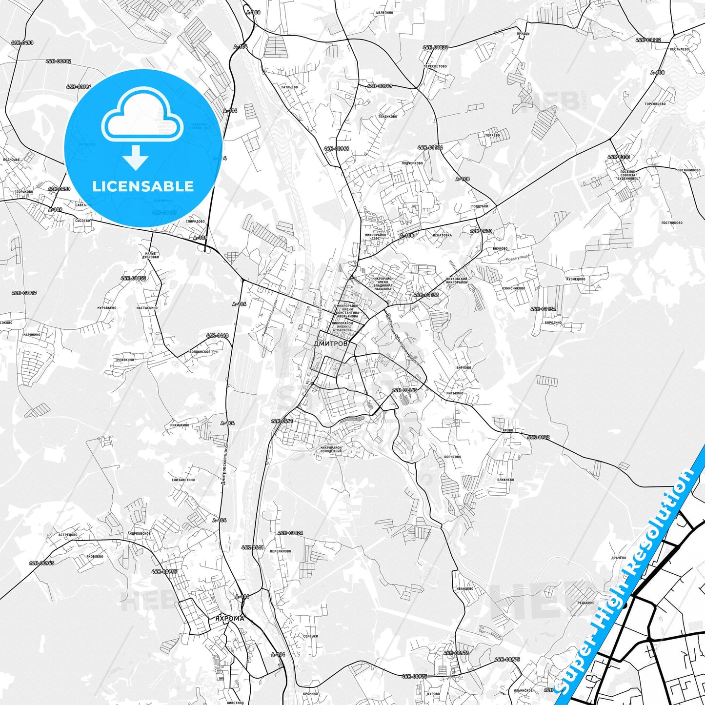 Dmitrov, Russia light map with streetnames, citynames and districts