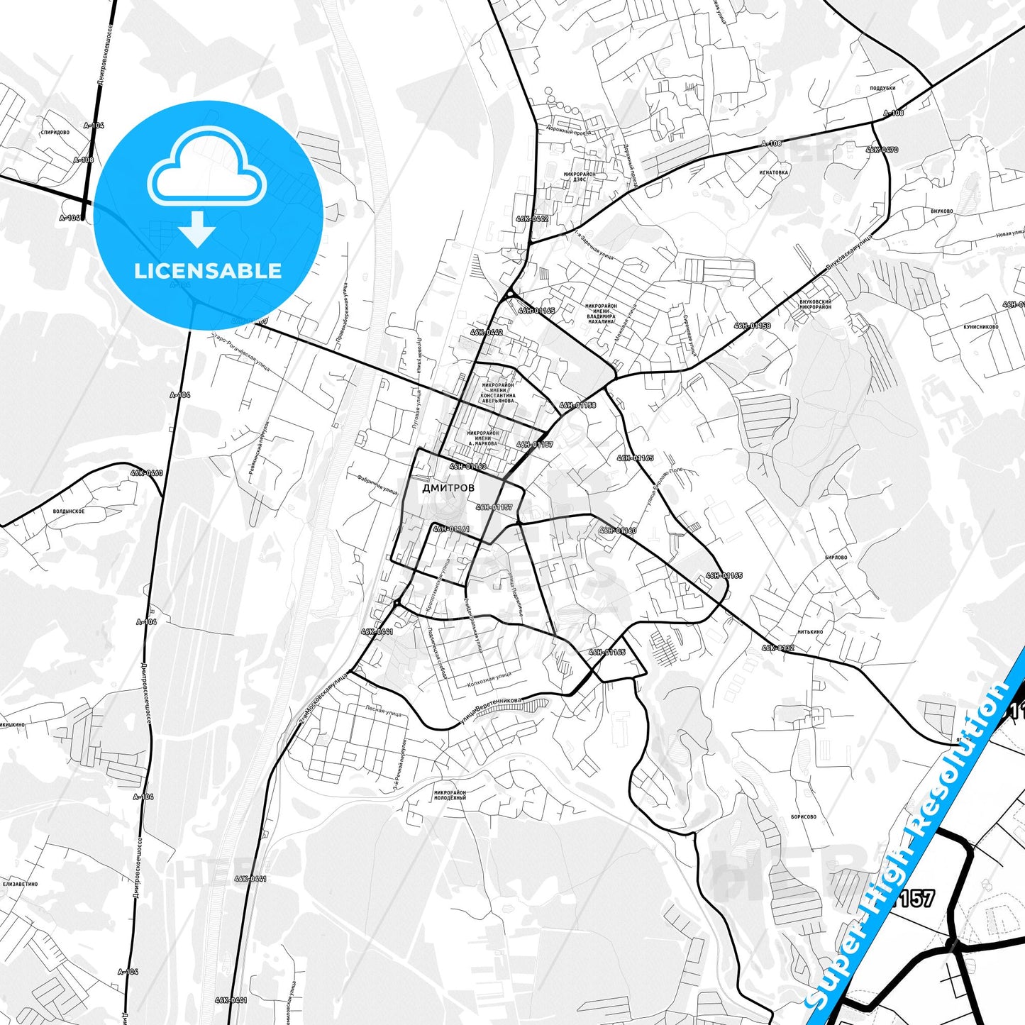 Dmitrov, Russia Light Map with Street Names, City Names, and Districts