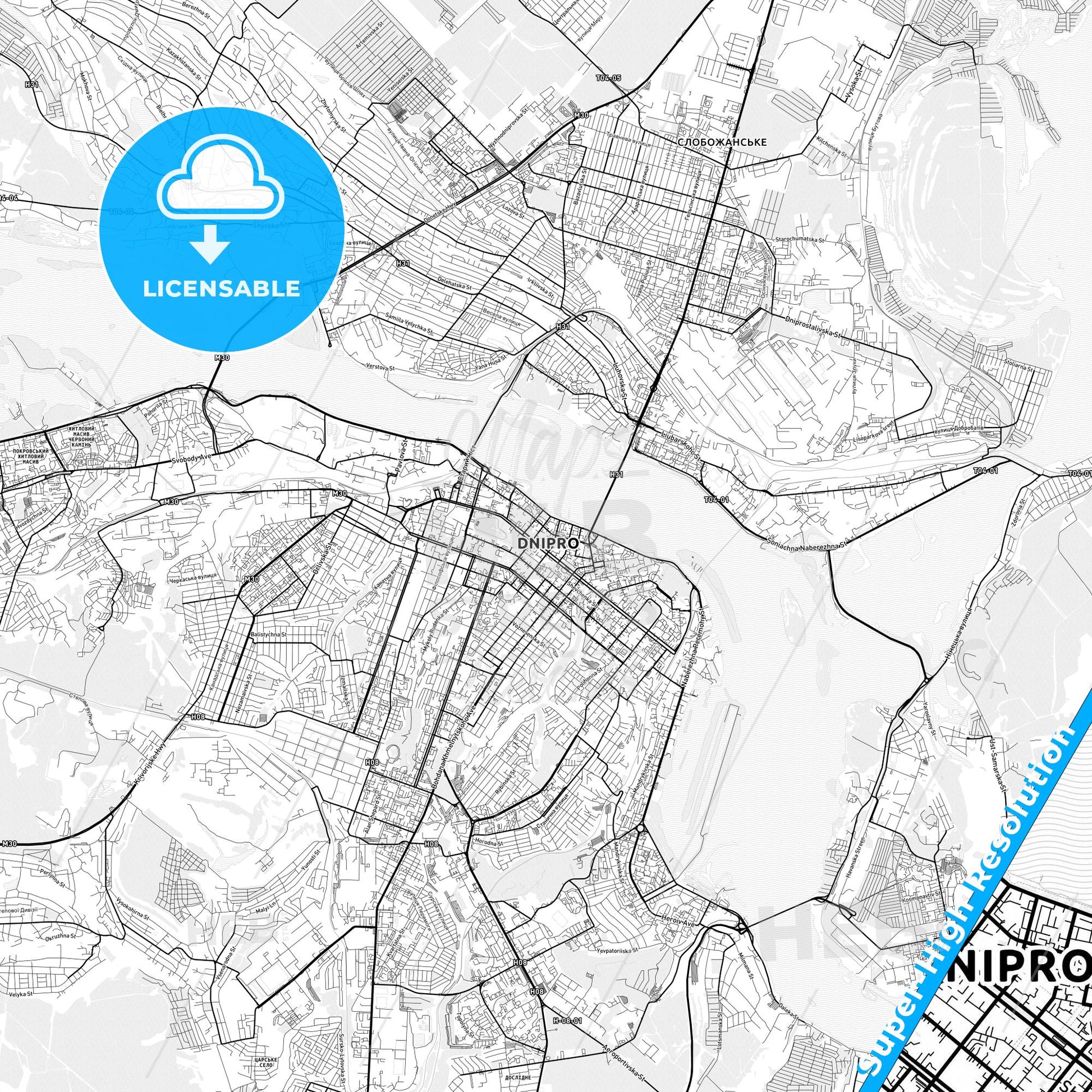 Dnipro, Ukraine light map with streetnames, citynames and districts