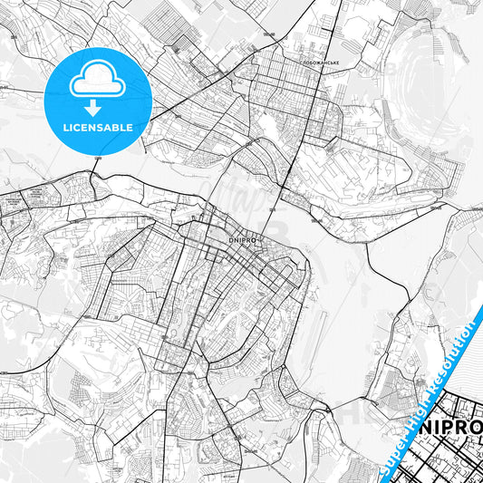 Dnipro, Ukraine light map with streetnames, citynames and districts