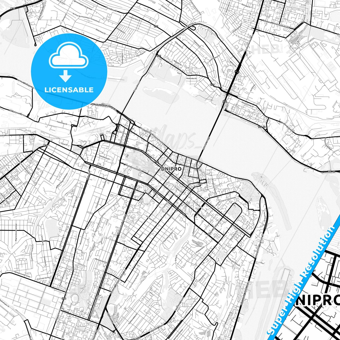 Dnipro, Ukraine Light Map with Street Names, City Names, and Districts