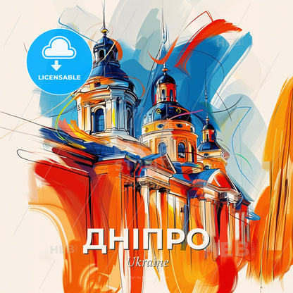 Vibrant Дніпро, Ukraine - A Painting Of A Building With Blue And Orange Colors - Square format print template