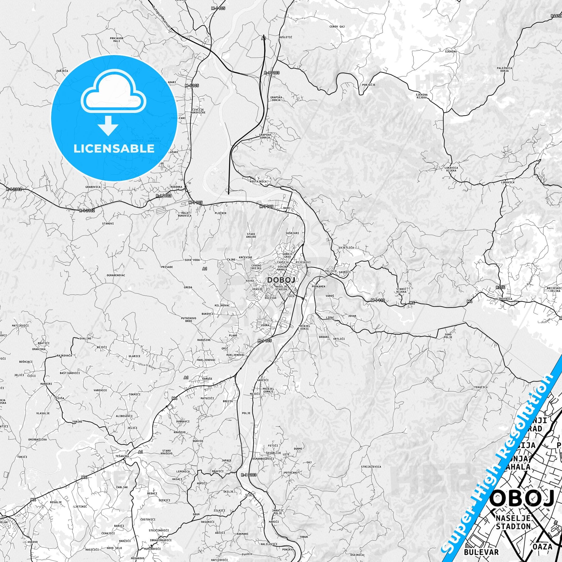 Doboj, Bosnia and Herzegovina light map with streetnames, citynames and districts