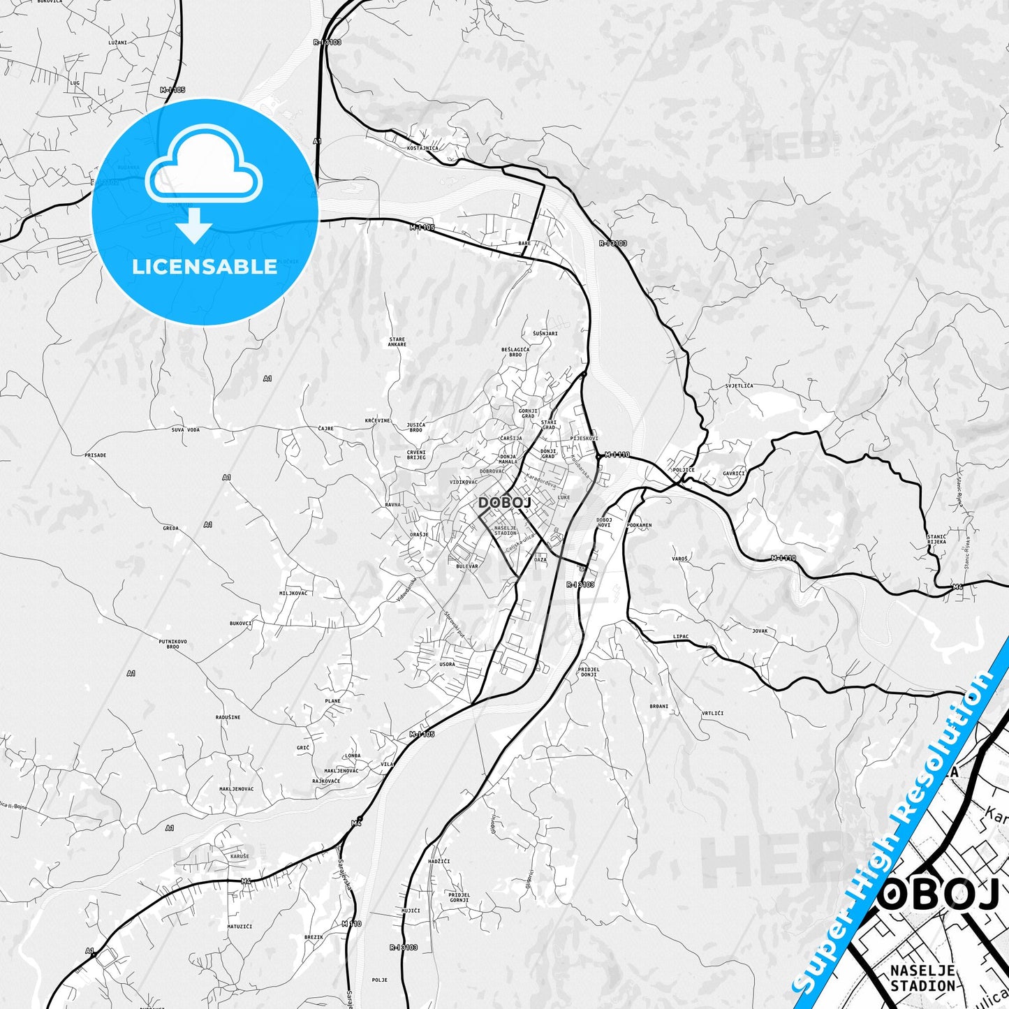 Doboj, Bosnia and Herzegovina Light Map with Street Names, City Names, and Districts