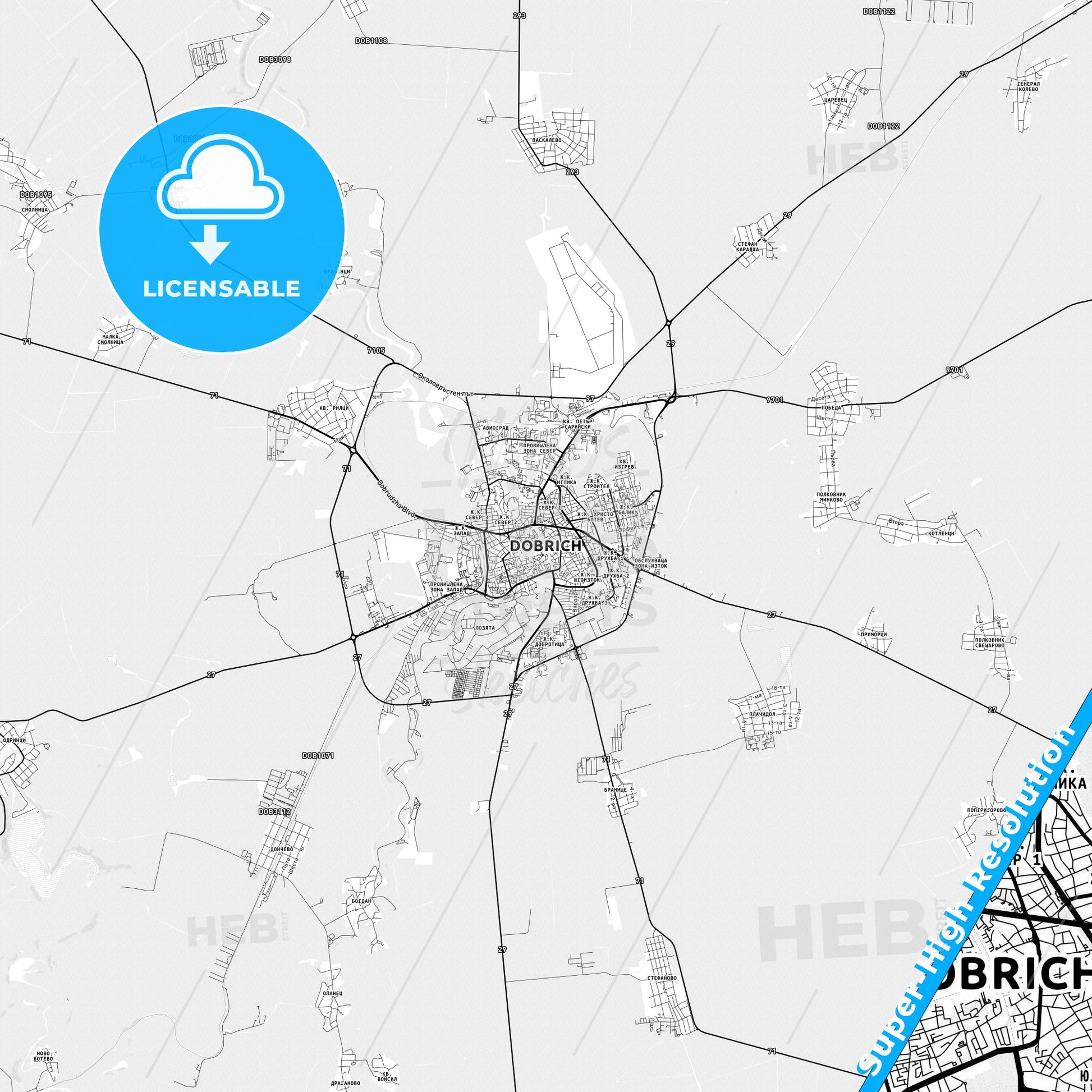 Dobrich, Bulgaria light map with streetnames, citynames and districts