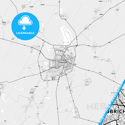 Dobrich, Bulgaria light map with streetnames, citynames and districts