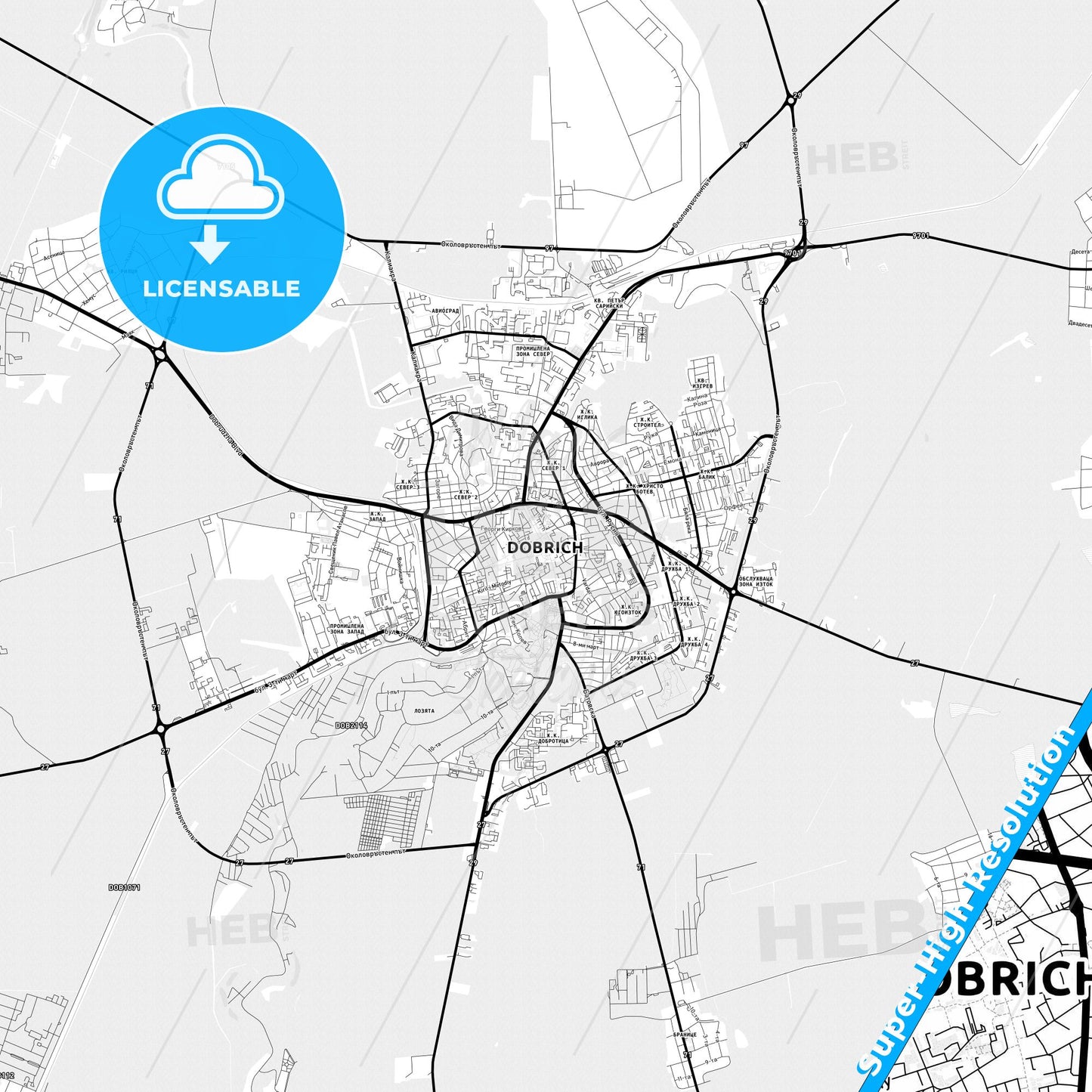 Dobrich, Bulgaria Light Map with Street Names, City Names, and Districts