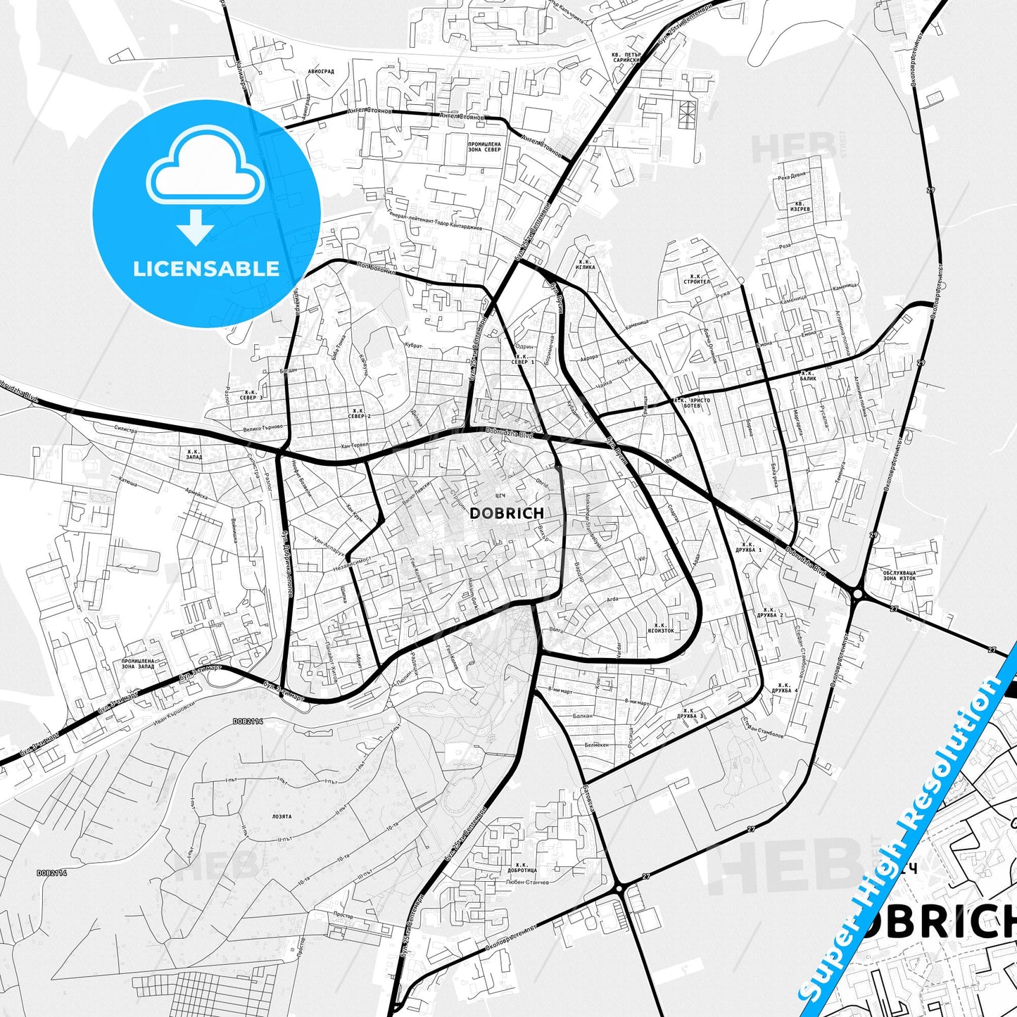 Dobrich, Bulgaria Light Map with Street Names, City Names, and Districts