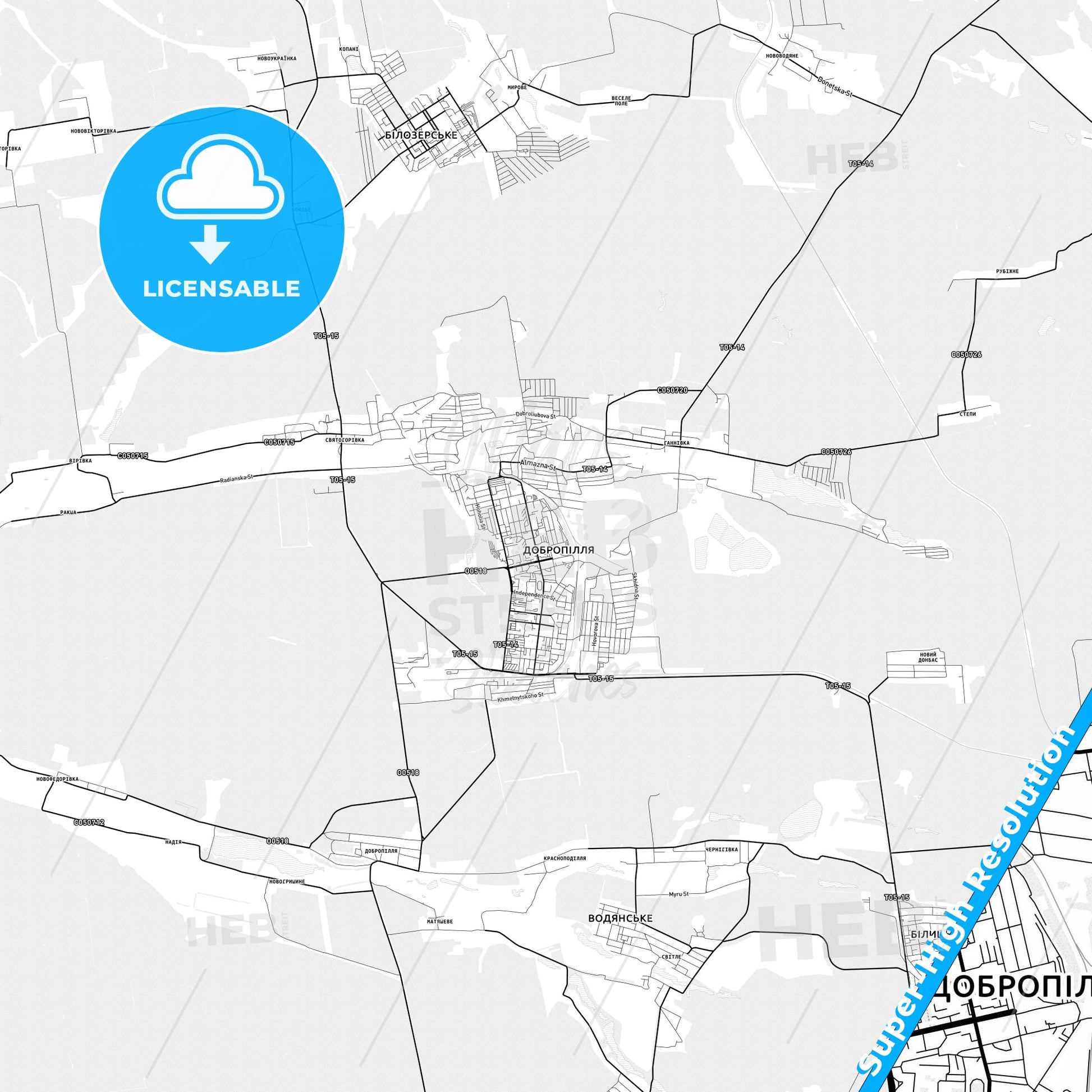 Dobropillia, Ukraine light map with streetnames, citynames and districts