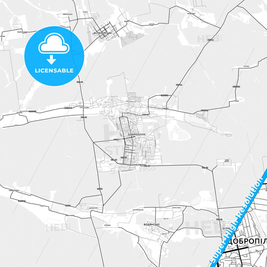 Dobropillia, Ukraine light map with streetnames, citynames and districts
