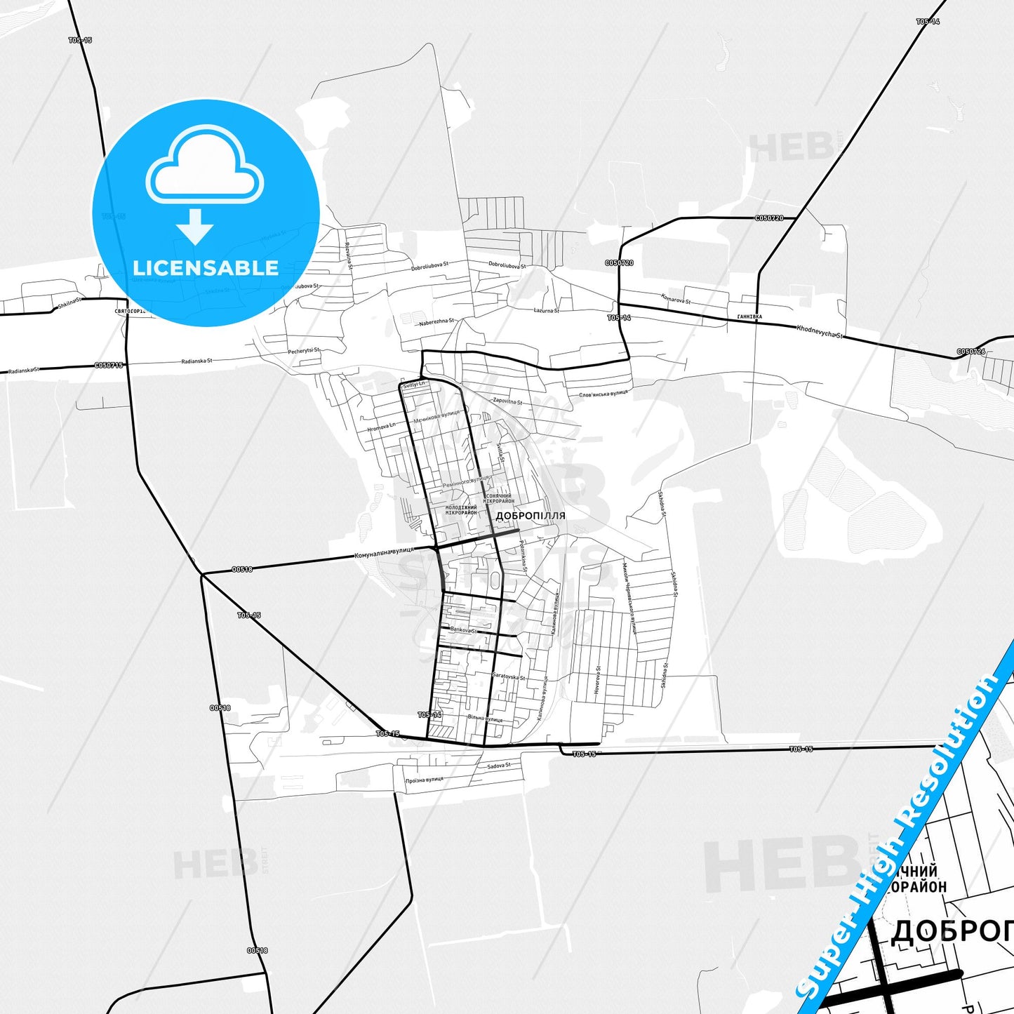 Dobropillia, Ukraine Light Map with Street Names, City Names, and Districts