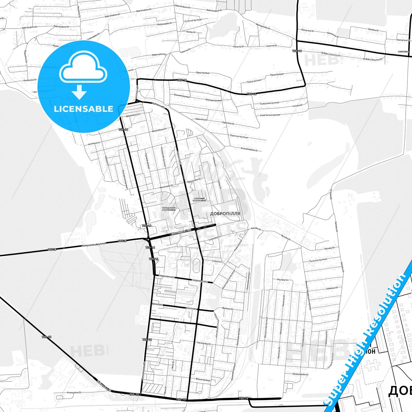 Dobropillia, Ukraine Light Map with Street Names, City Names, and Districts