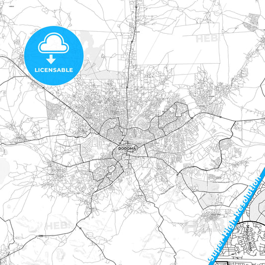 Dodoma, Tanzania light map with streetnames, citynames and districts