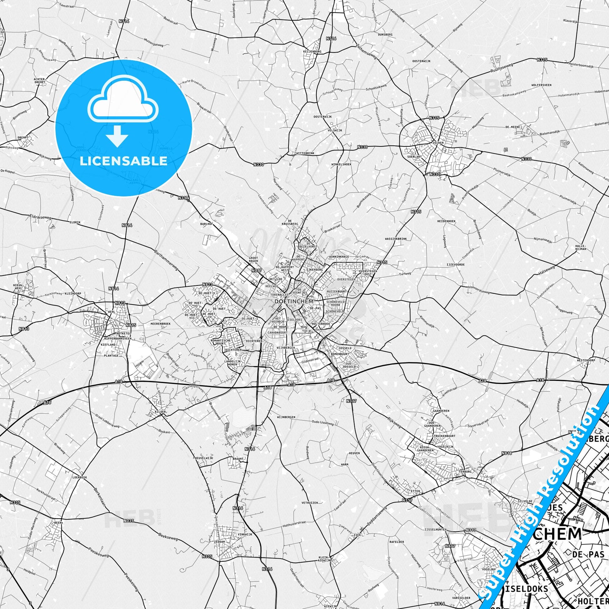 Doetinchem, Netherlands light map with streetnames, citynames and districts