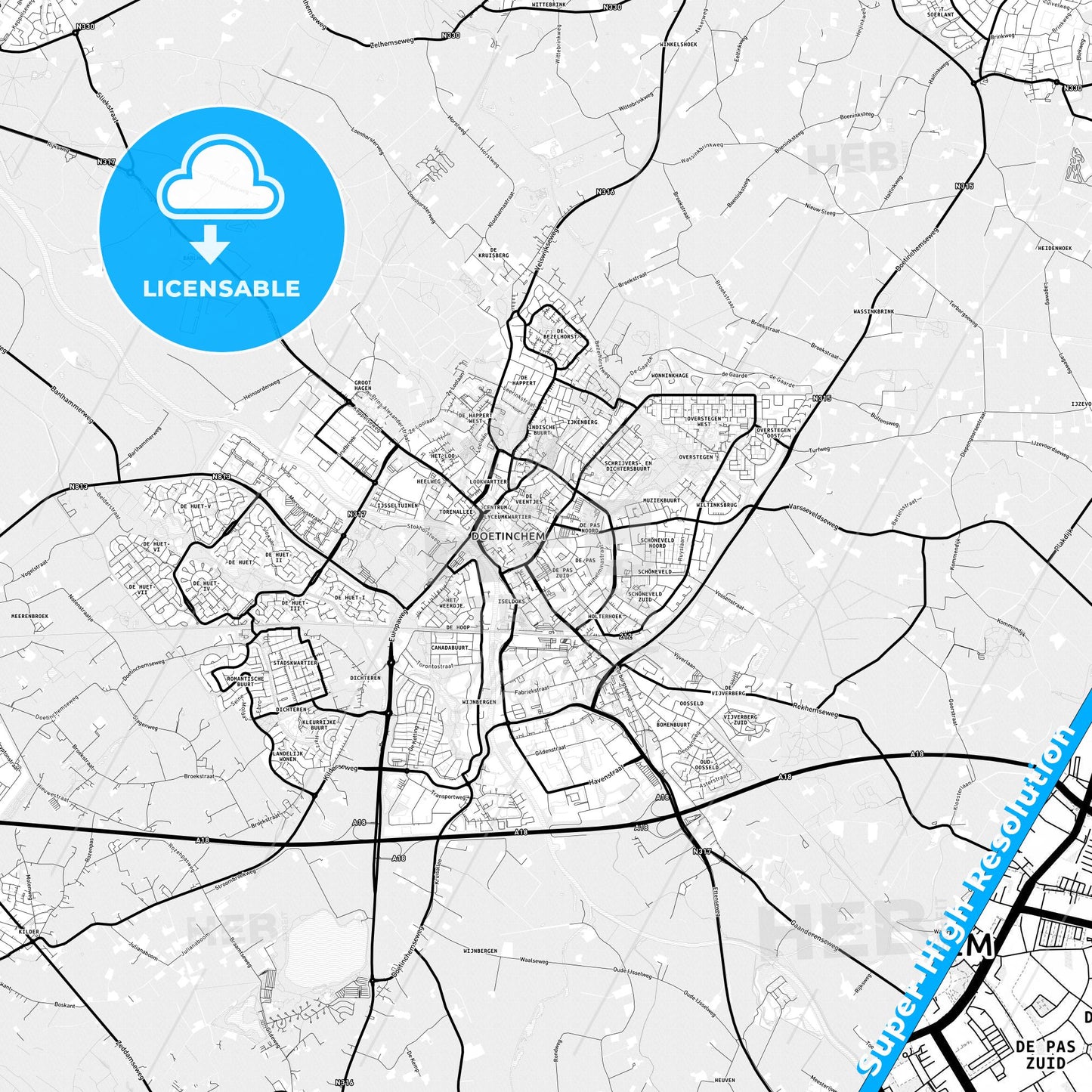 Doetinchem, Netherlands Light Map with Street Names, City Names, and Districts