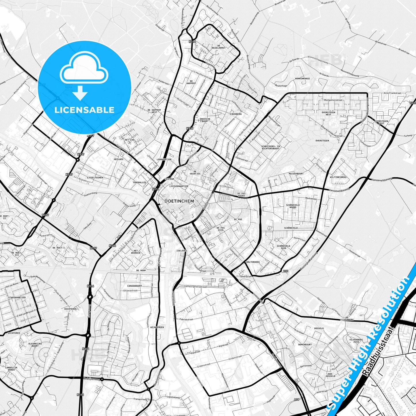Doetinchem, Netherlands Light Map with Street Names, City Names, and Districts