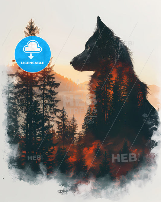 Vibrant Art Painting: Majestic Wolf Silhouette Amidst Ethereal Forest Mountains