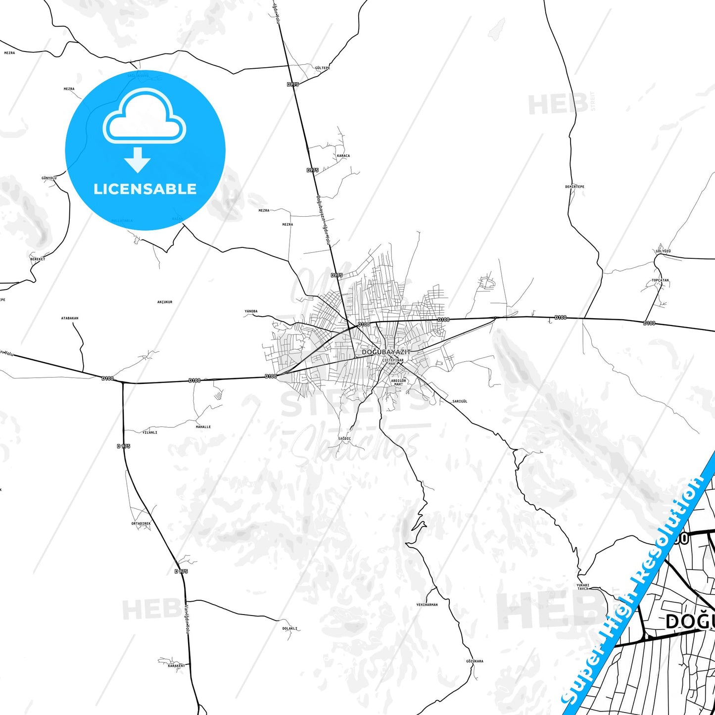 Doğubayazıt, Turkey light map with streetnames, citynames and districts