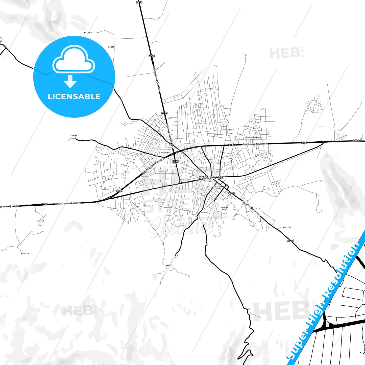 Doğubayazıt, Turkey Light Map with Street Names, City Names, and Districts