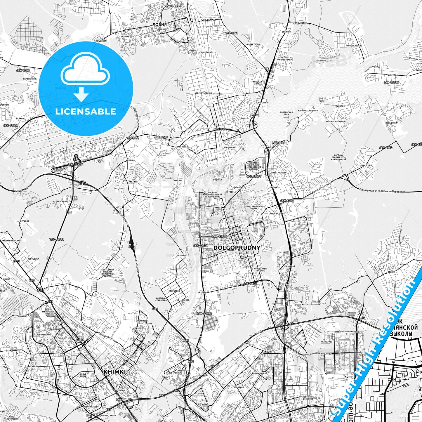 Dolgoprudny, Russia light map with streetnames, citynames and districts
