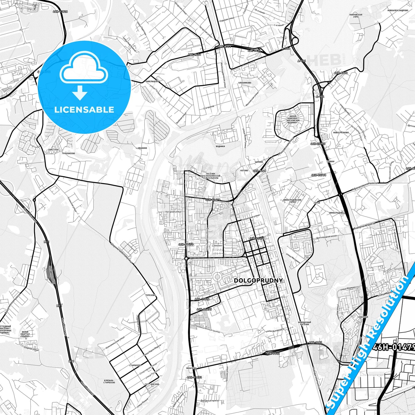 Dolgoprudny, Russia Light Map with Street Names, City Names, and Districts