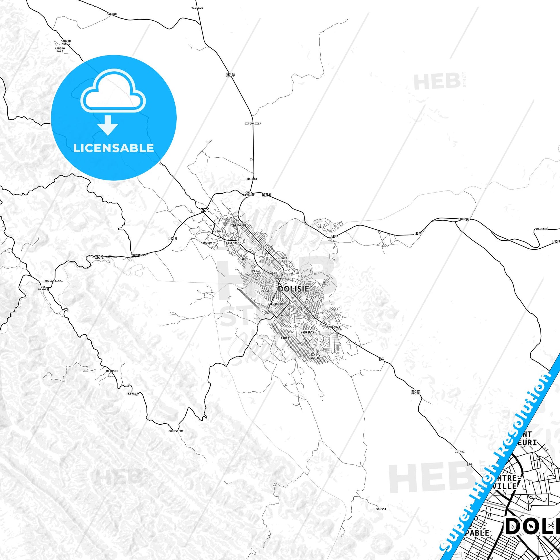 Dolisie, Republic Of The Congo light map with streetnames, citynames and districts