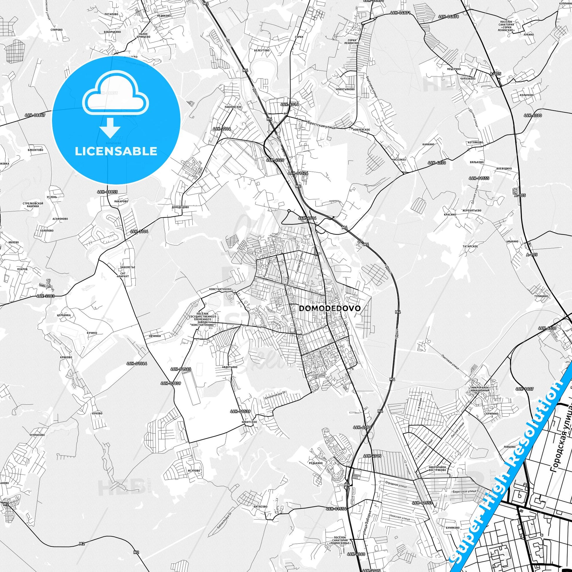 Domodedovo, Russia light map with streetnames, citynames and districts