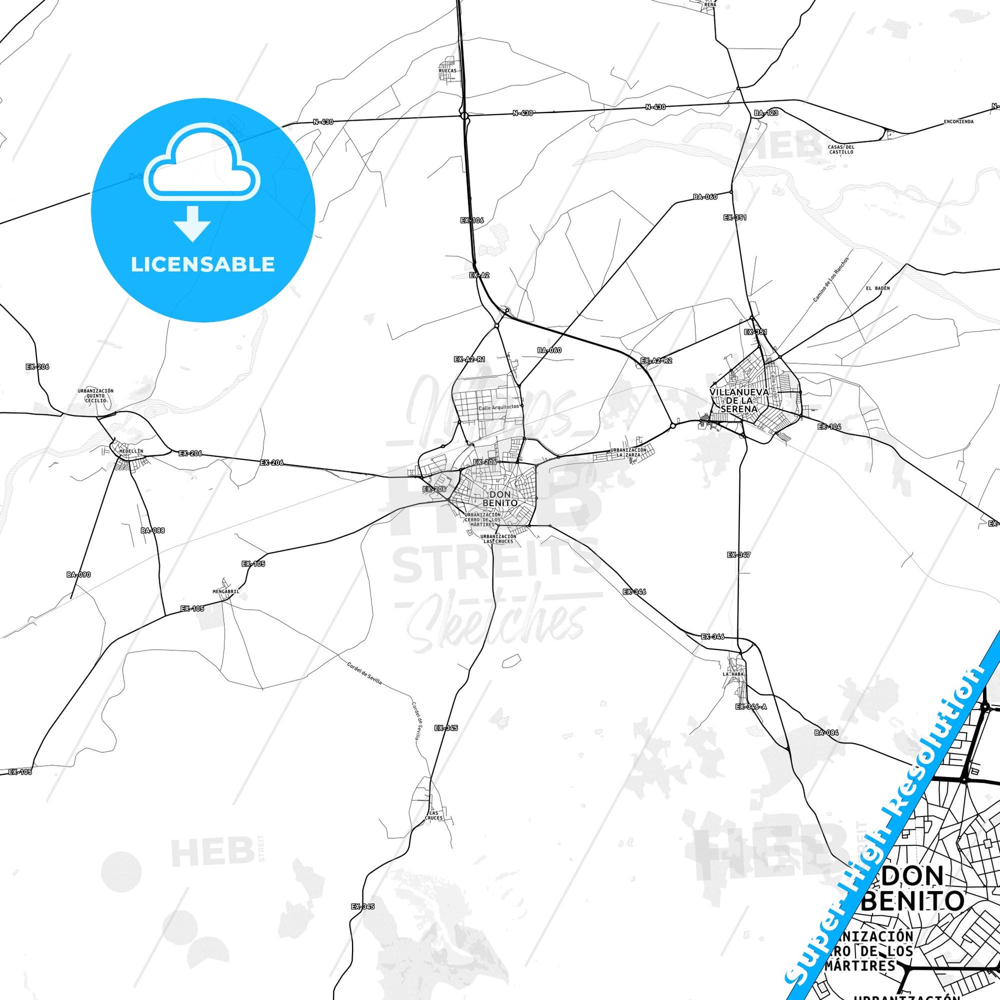 Don Benito, Spain light map with streetnames, citynames and districts