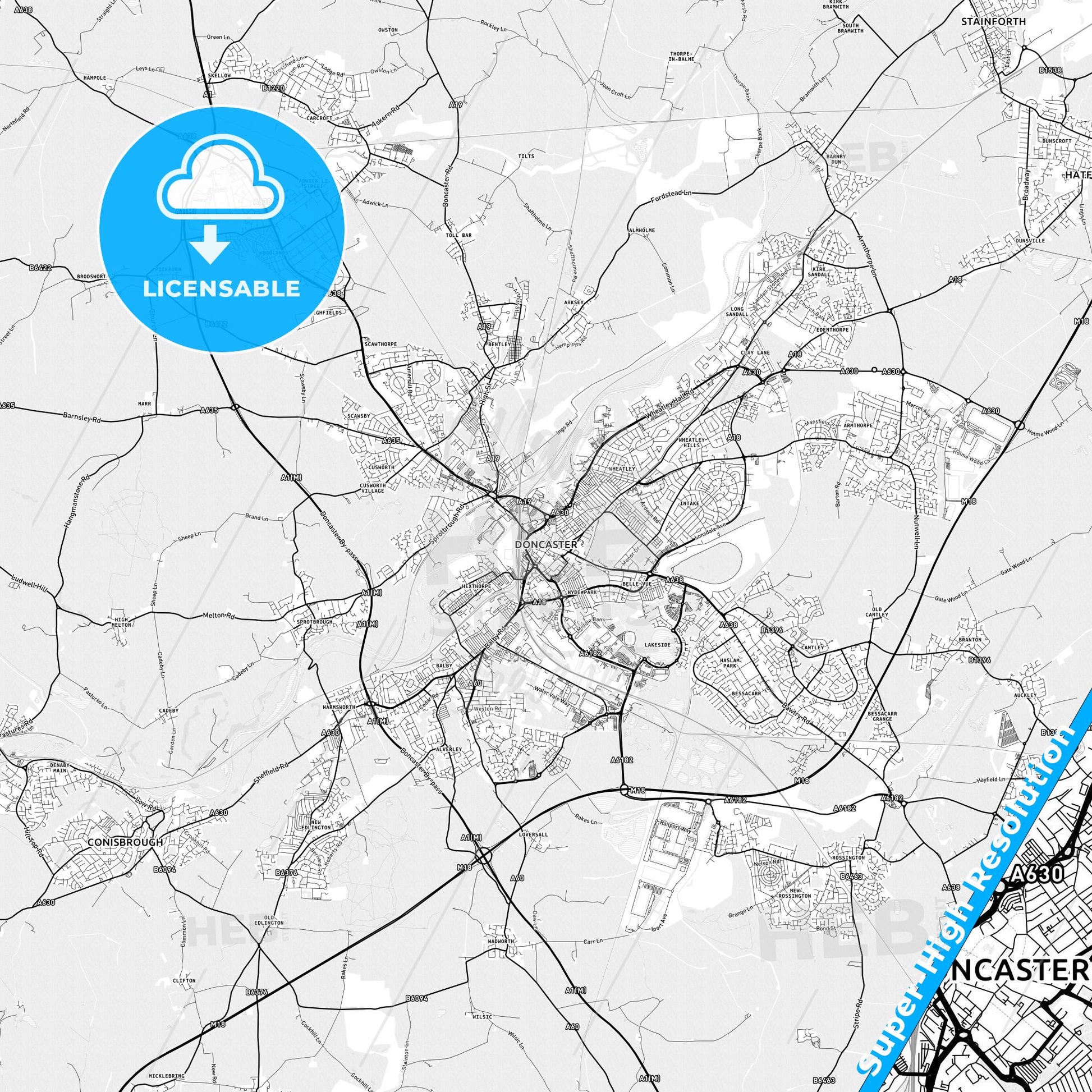 Doncaster, England light map with streetnames, citynames and districts
