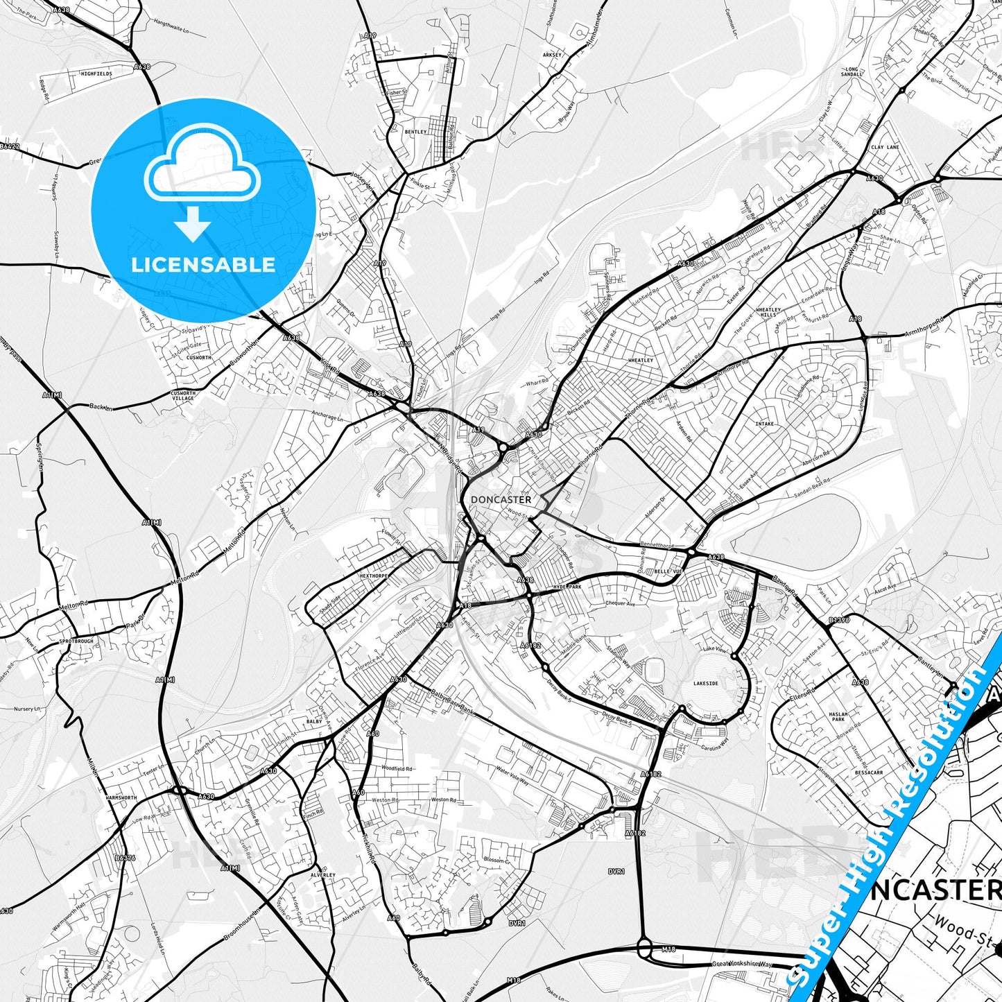 Doncaster, England Light Map with Street Names, City Names, and Districts