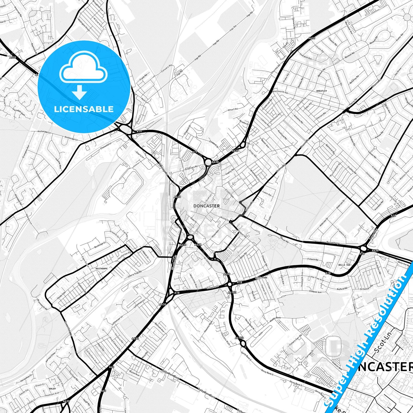 Doncaster, England Light Map with Street Names, City Names, and Districts
