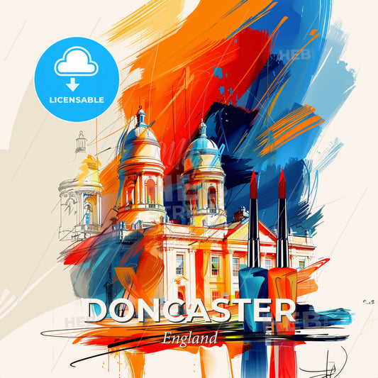 Vibrant Doncaster, England - A Painting Of A Building With A Colorful Background - Square format print template