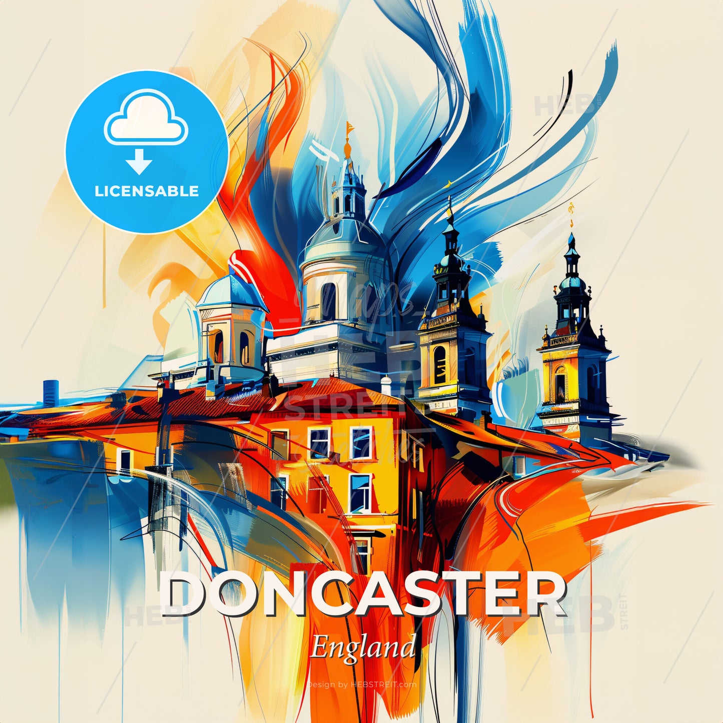 Vibrant Doncaster, England - A Painting Of A Building With Towers And A Colorful Background - Square format print template